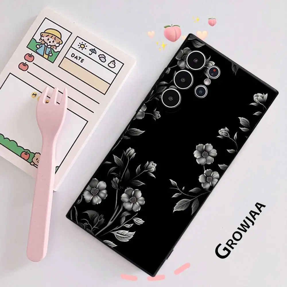 Luxus Schwarz Blume Telefon Fall Für Samsung Galaxy S25 S24 S23 S22 S21 S20 Ultra Plus Matt Soft Cover Funda