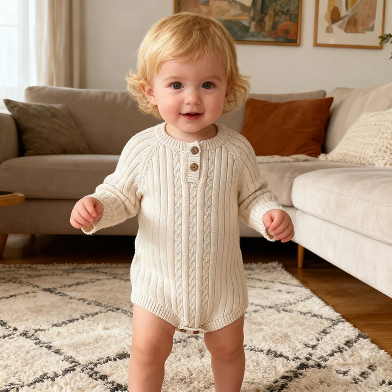 جديد خريف وشتاء 2025 سترة محبوكة للأطفال البنات رومبير لحديثي الولادة بأكمام طويلة بدلة متينة 0-24 متر ملابس أطفال محبوكة