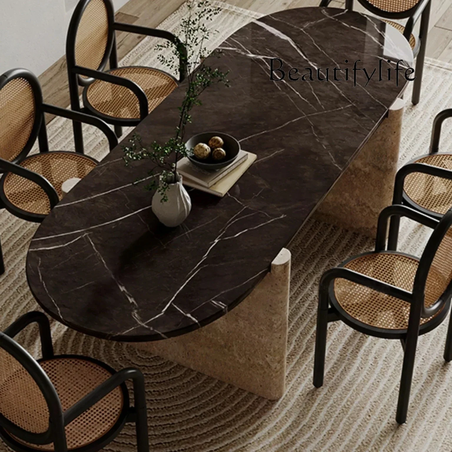 N45 Light luxury high-end marble dining table household rectangular designer thickened travertine