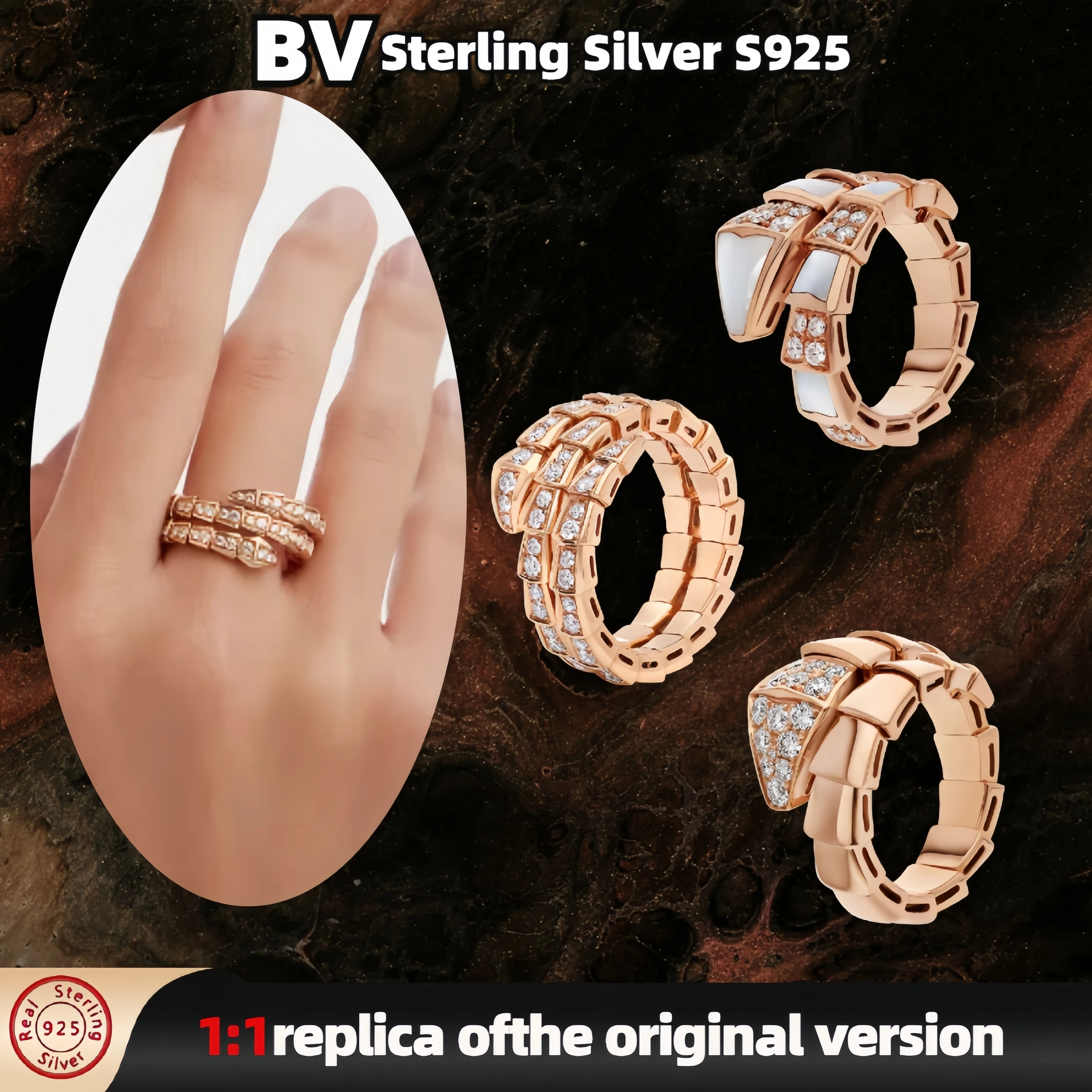 Made of pure silver s925 with snake shaped design and diamond inlaid ring, SERPENTI VIPER series BV brand design high-end luxury