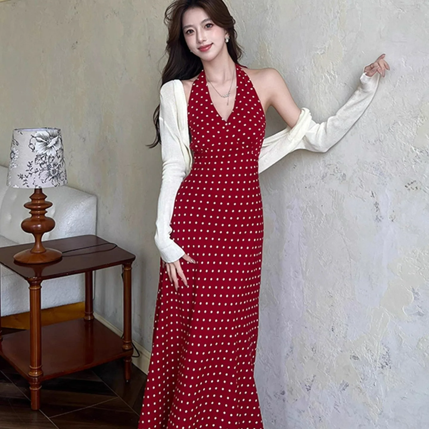 

Vintage V-neck Red Polka Dot Dress Women's Summer Halter Sleeveless Vest Long Dress