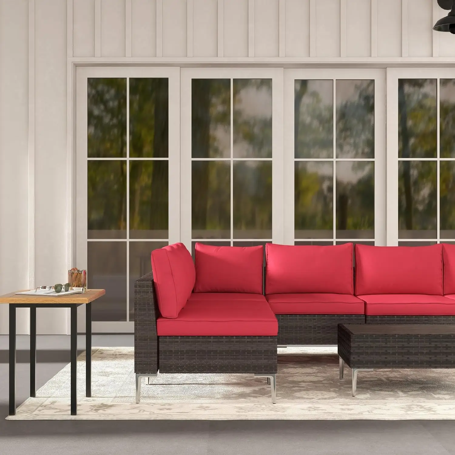 Pátio ao ar livre Sofá secional, PE Rattan Wicker Móveis Set, Pátio Conversação Set, Compostos Plásticos de Madeira, 7 PCs