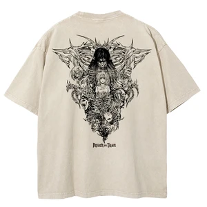 Breites T-Shirt mit Herrengewaschenanime, Streetwear Hip-Hop, Kurzarm, lose Baumwoll-Vintage-Tops, Angriff auf Titan 8 Hauptverkauf Hip Hop Vintage Shirt - №8