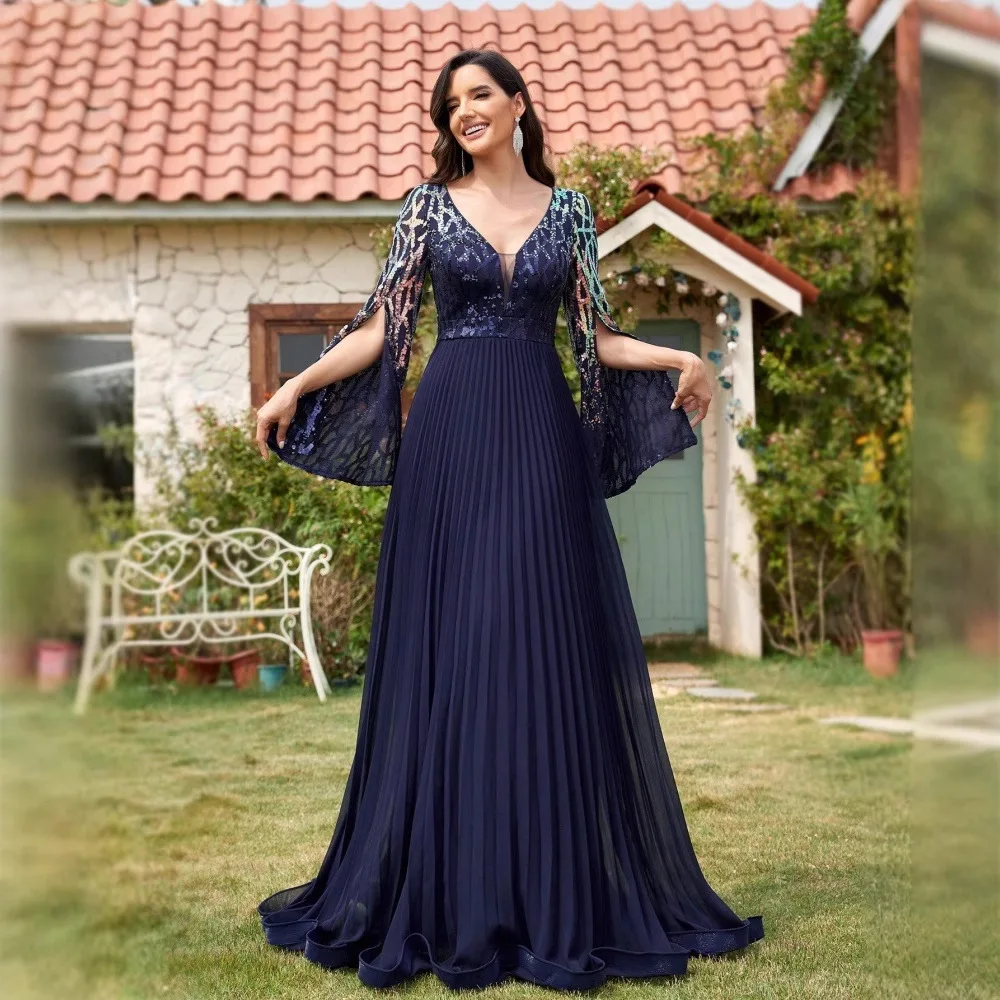 

QMANSHA Elegant Navy Blue Sequined Evening Gown V-Neck Flared Split Sleeve Pleated A-Line Dress for Formal Events & Banquets