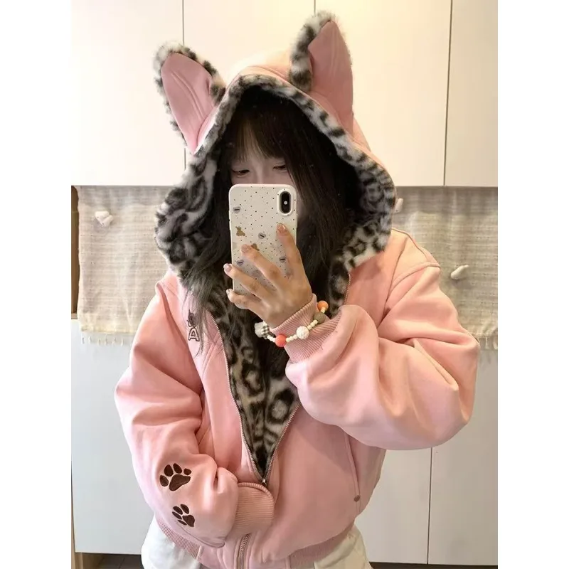 

American Retro Leopard Printed Hooded Coats Women Y2K Streetwear Harajuku Loose Casual Jacket Subculture Sweet Hottie Cltohing