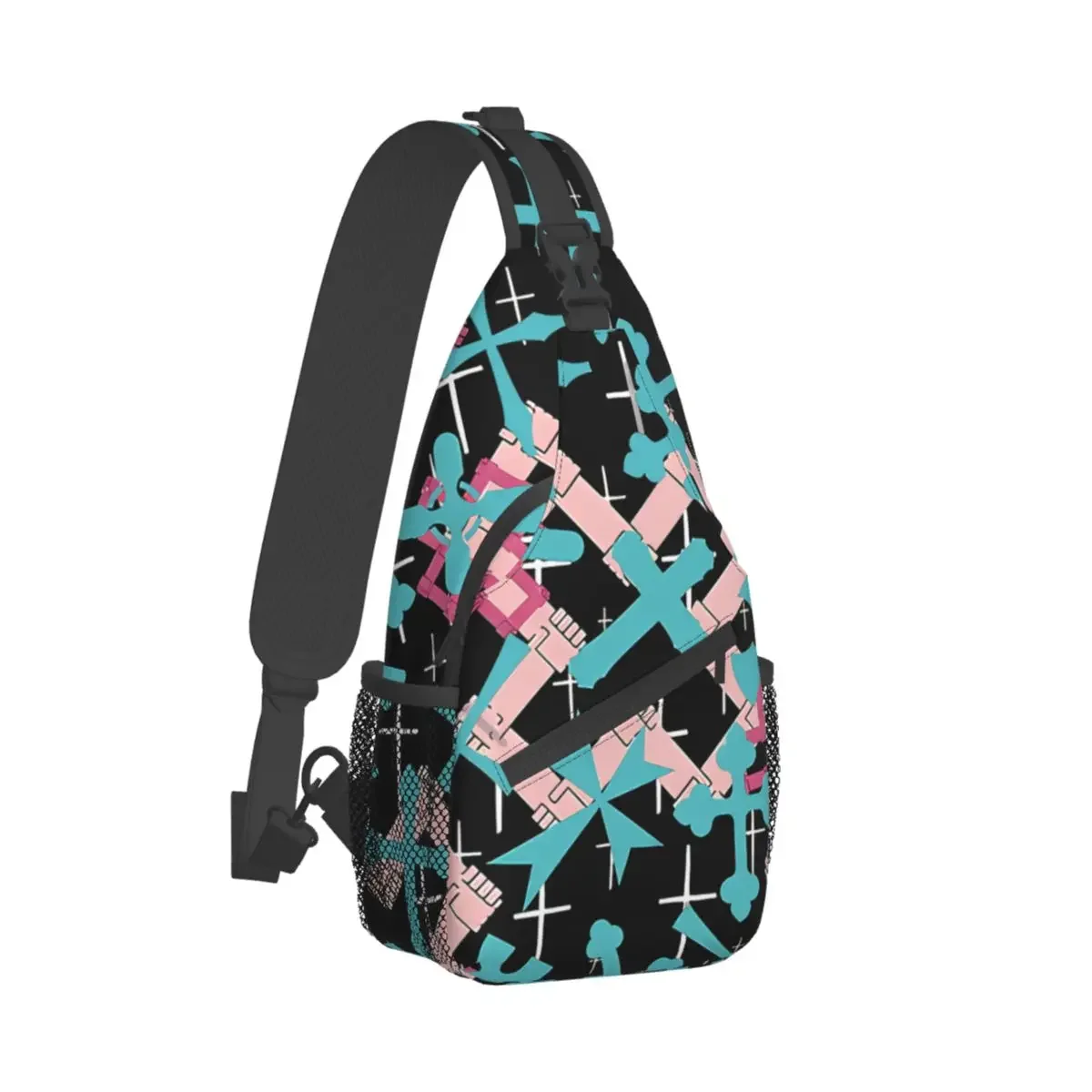 

Cross Crucifixion Crossbody Bag Sports Pink And Teal Cross Collage Seamless Pattern Chest Bag Unisex Shoulder Backpacks