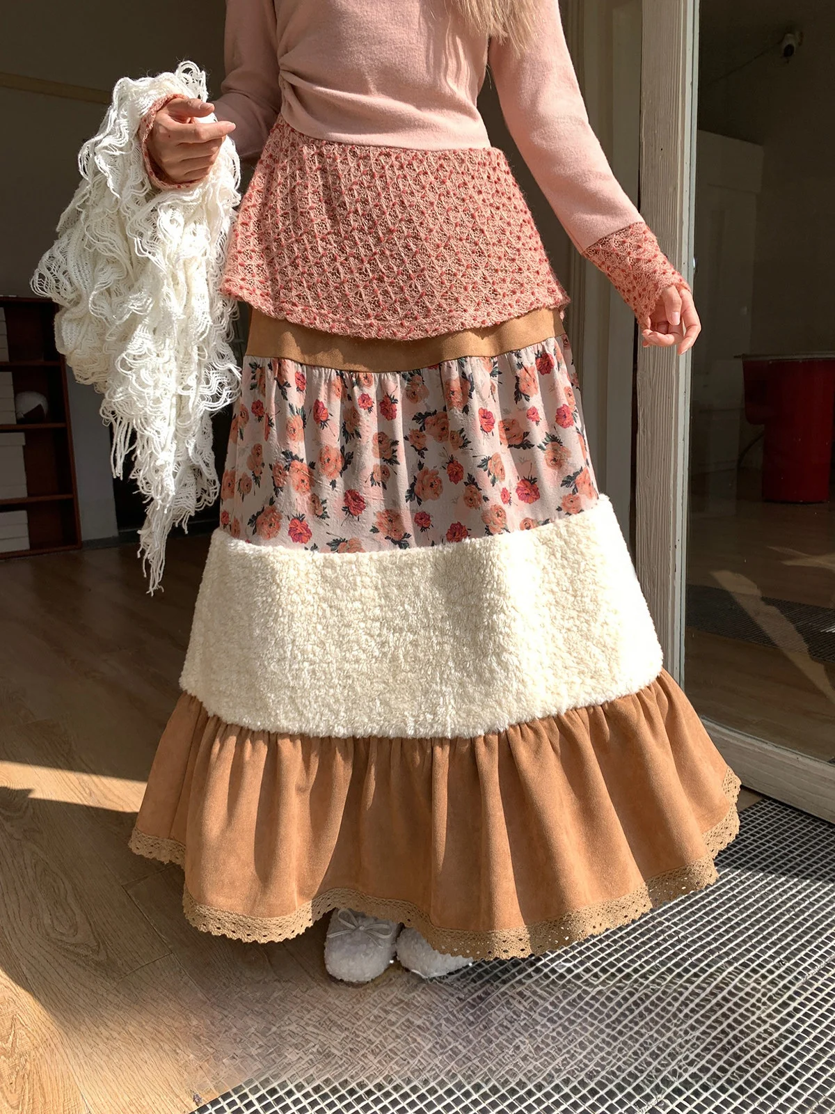 

Cheese Day Rose Thi Soup Retro Splice Skirt Women Winter Print Texture Sweet f Skirt High Waist Cake Skirt Polyester Fiber