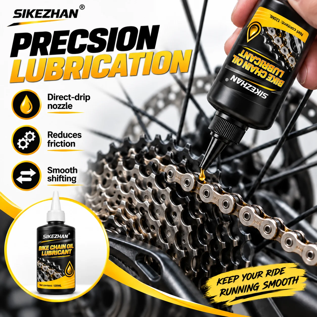 SIKEZHAN Bicycle Chain Cleaning Kit 120ML Lubricant Oil Brush Cleaner Tool Set with 2PCS Reusable Rope for MTB Road Bike
