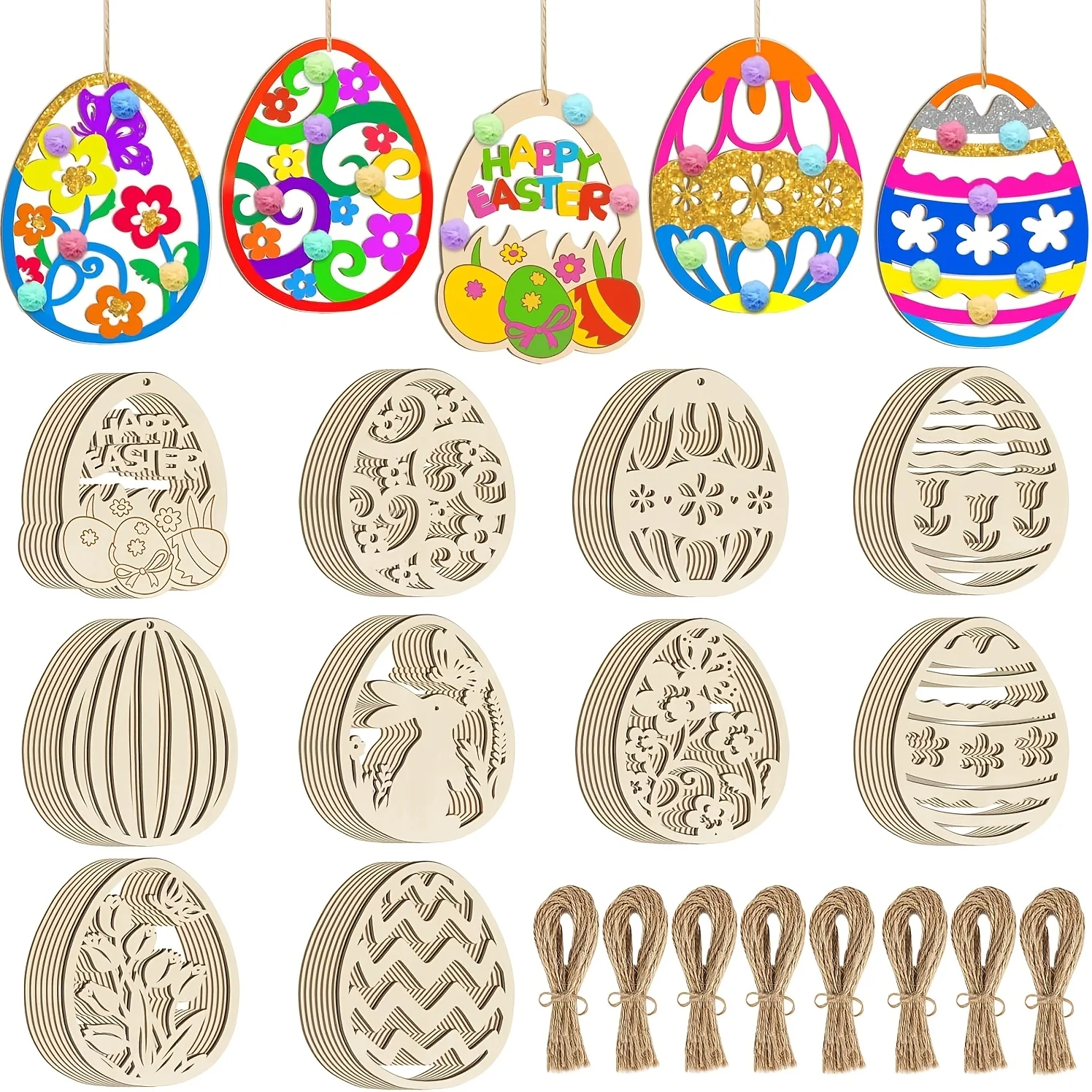 20 œufs de Pâques en bois |   Oeufs artisanaux vierges avec cordes de chanvre pour l'art, ornements de Pâques classiques et décorations suspendues