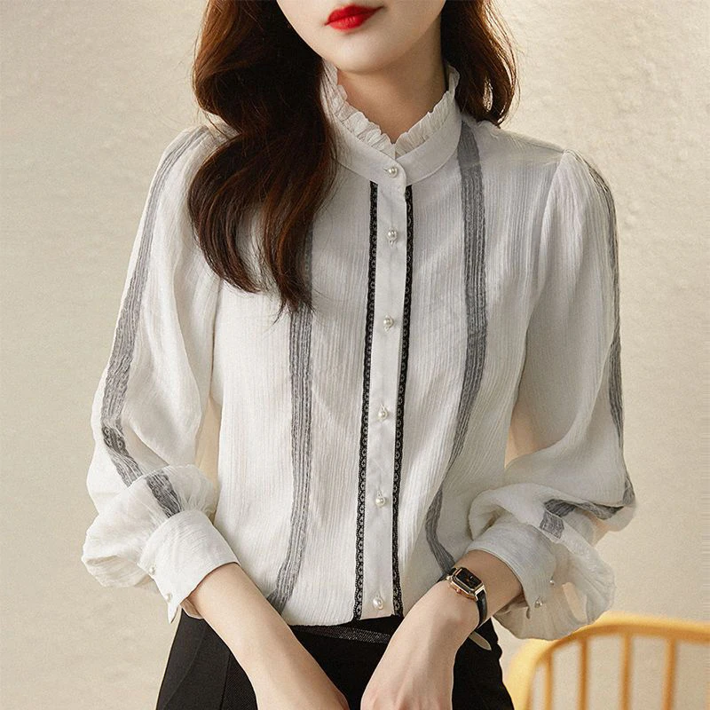 Spring Autumn Elegant Fashion Ruffles Stand Collar Patchwork Shirt Lady Long Sleeve Loose Casual All-match Blouse Femme Cardigan