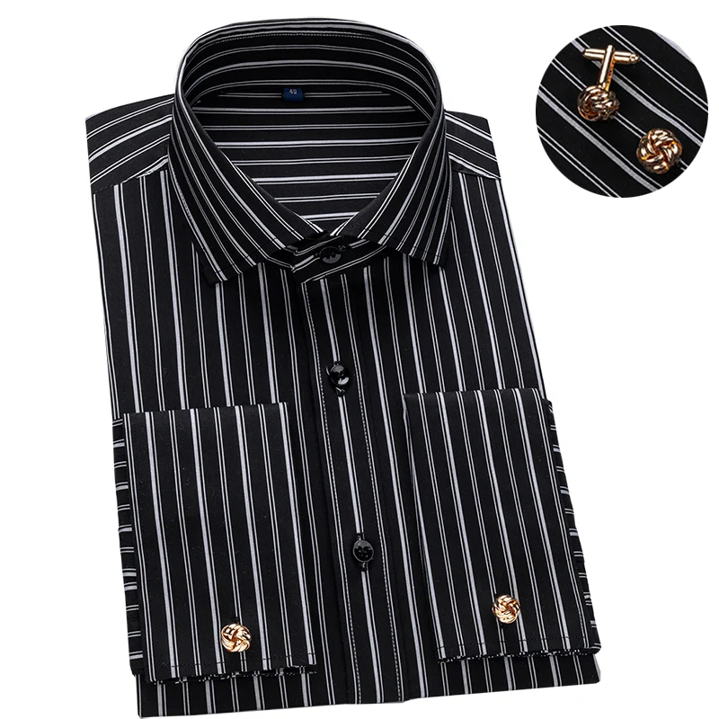 French Cuff Men\'s Long Sleeve Striped Dress Shirt Windsor Collar Luxury Male Business Formal Tuxedo Shirts with Cufflinks