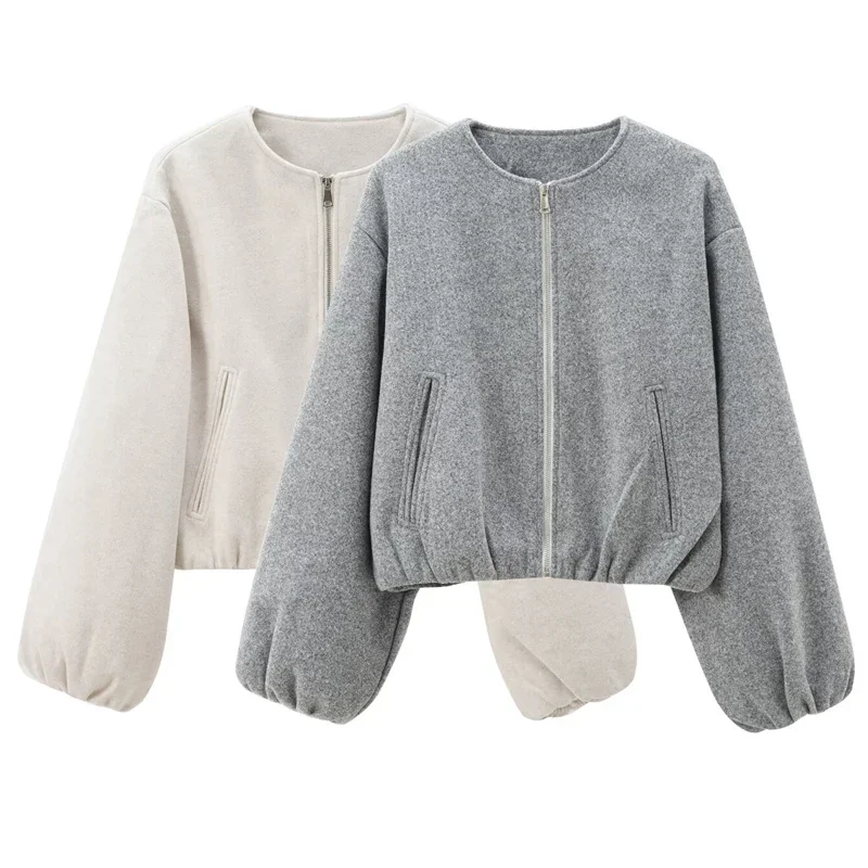 HXAO Women's Bomber Jacket Retro O Neck Soft Cropped Jacket Elastic Hem Zipper Woman Short Coats Female Outerwears 2025 Spring