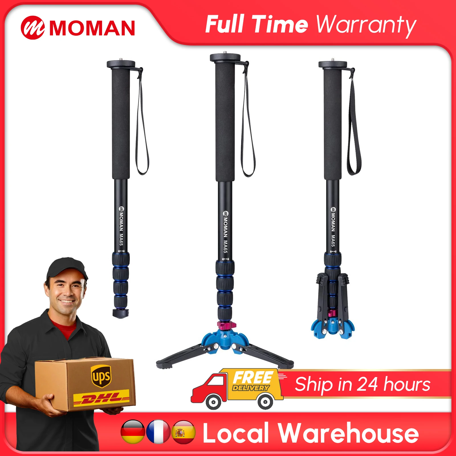 

Moman Monopod Camera Tripod Travel Tripod and Stand Spider, DSLR Camera Tripod Hiking, 0.64 kg with Tripod Legs Maximum 165 cm