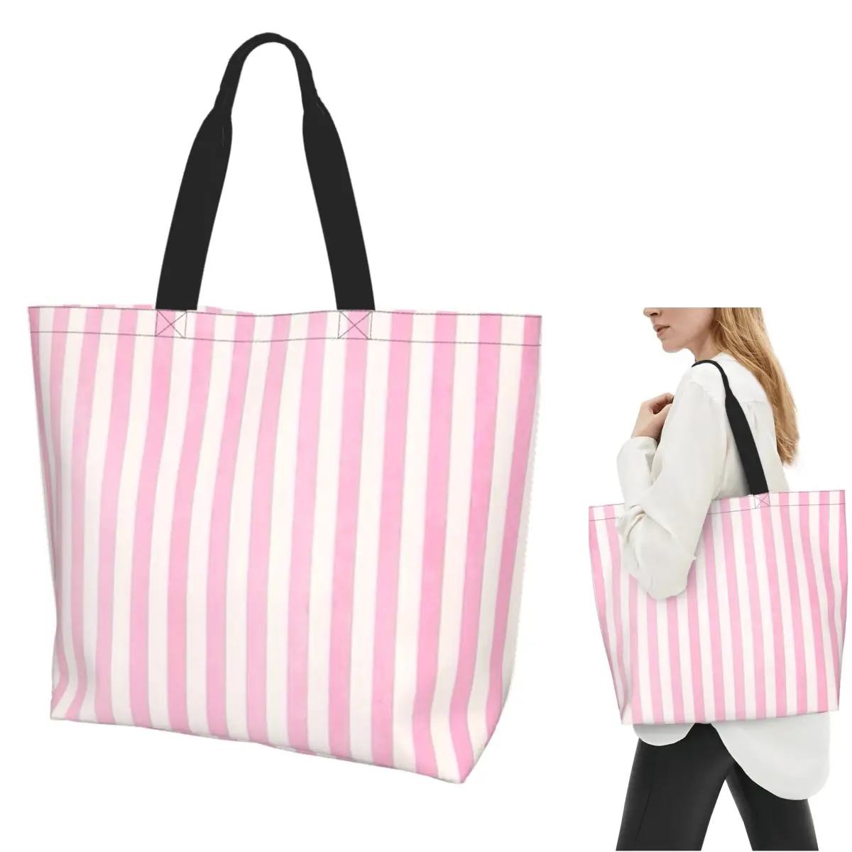 Bolsa de Compras Rosa Pálido con Rayas Blancas, Bolsa de Hombro de Lona de Gran Capacidad, Bolso de Mano para Compras para Mujer