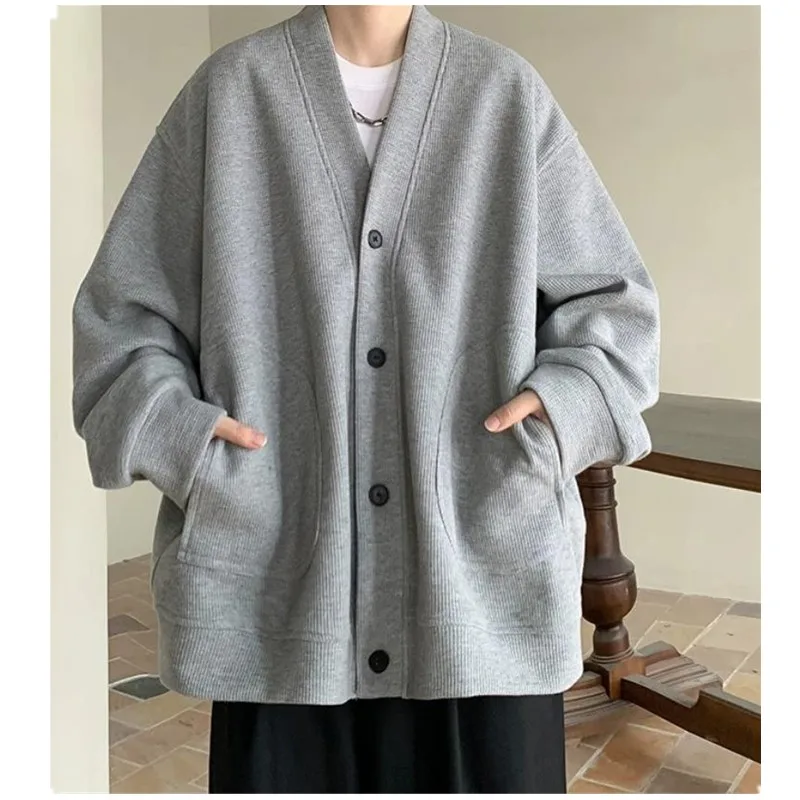 하이 엔드 남성 니트 스웨터 일본 게으른 스타일 봄 가을 재킷 두 개의 큰 주머니와 미국 복고풍 느슨한 캐주얼 코트