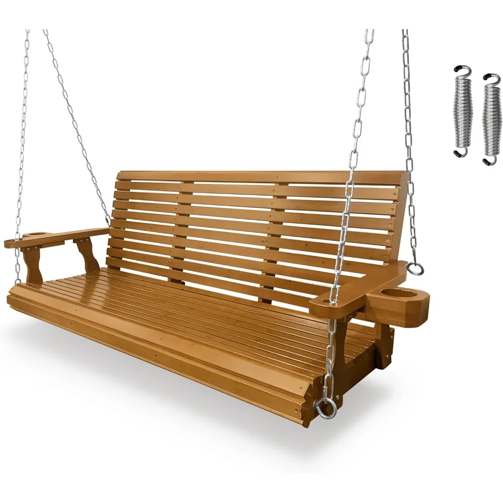 

Wooden Porch Swing 3-Seater, Bench Swing with Cupholders, Hanging Chains and 7mm Springs, Heavy Duty 880 LBS, Swings Outdoor