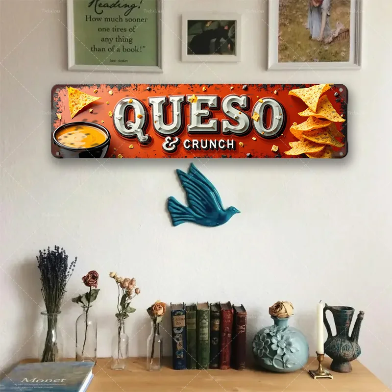 1 قطعة علامة معدنية، 4 × 16 بوصة "Queso & Crunch: علامة ريترو نابضة بالحياة لديكور المطبخ لعشاق الوجبات الخفيفة"