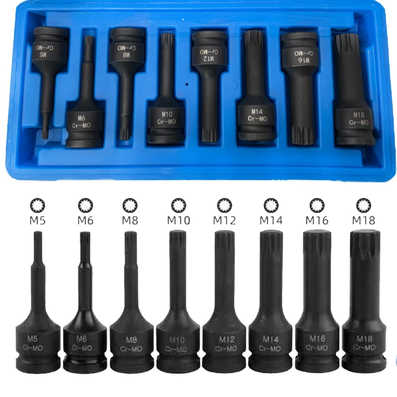 

1/2in 8pcs Impact Tamperproof With Hole Spline Bit Socket Set M5-M18