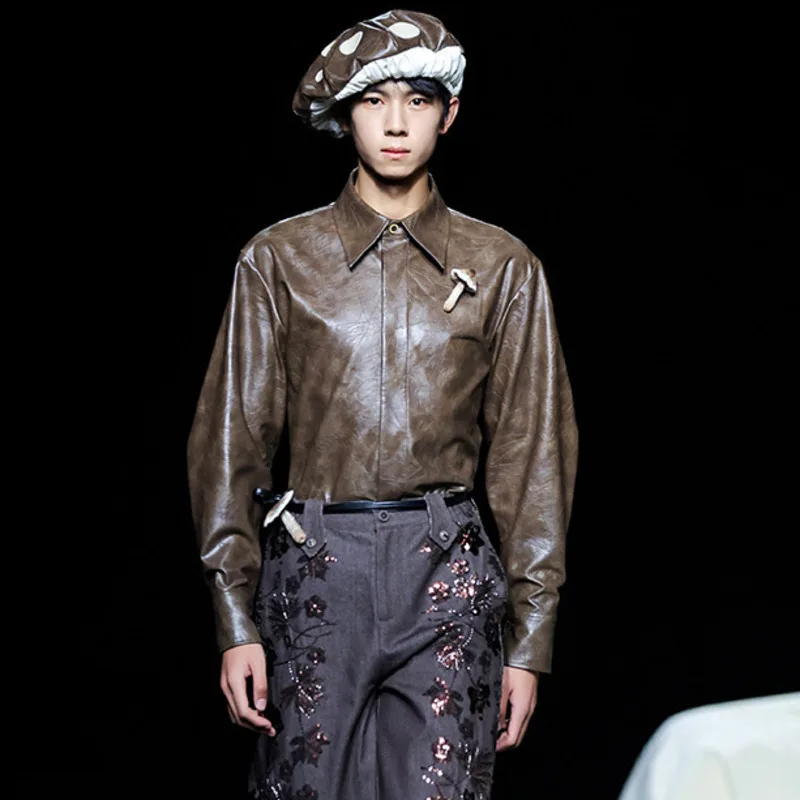 

HKSH Spring Autumn Man's Tide Punk Rock Drop Shoulder Wrinkled Texture PU Leather Long Sleeve Shirt Niche Design Chic Ins HK8463