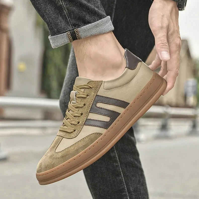 

New Men Genuine Leather Casual Shoes Trend Striped Flat Skate Shoes Street Cool Lace-up Sneaker