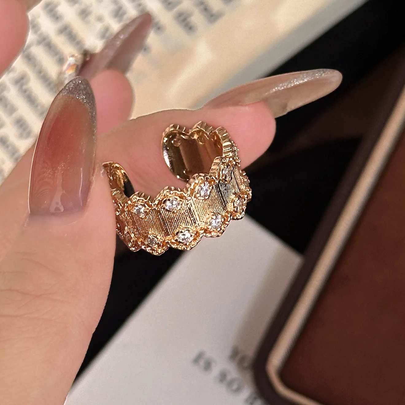 

Viral Heavy Textured Lace Ring, Brushed & Pavé Diamond Baroque Statement Ring. Luxury Bula Vintage Style Jewelry for Women