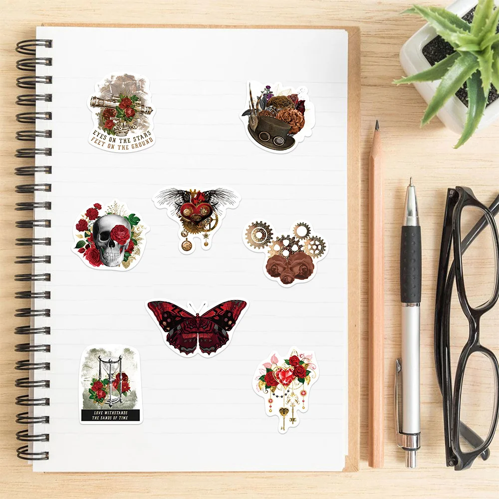 50pcs Vintage Steampunk Rose Stickers For Laptop Scrapbook Stationery DIY Custom Scrapbooking Material Cartoon Aesthetic Sticker