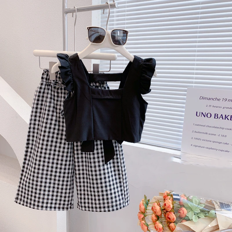 Girls Clothing Set Summer Fashion Backless Vest Top T-Shirt & Plaid Pants 2Pcs Children Outfit Suit Kids Girls Clothes Sets 3-7Y