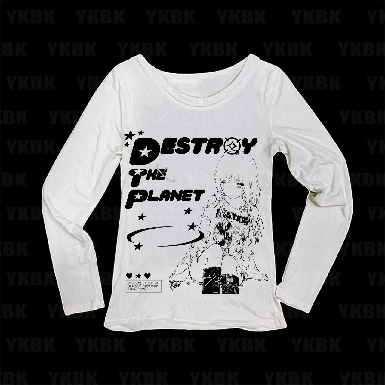 Y2K Anime Women Long Sleeve T‑shirt Destroy The Planet Graphic Slim Fit Gothic Streetwear Tops