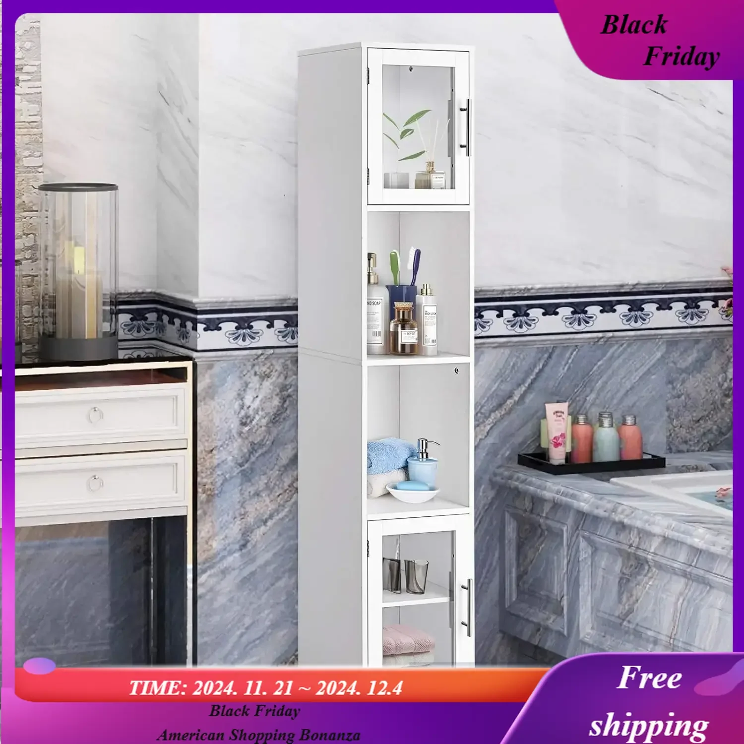 Bathroom Tall Storage Cabinet, Kitchen Floor Cabinet with 2 Open Shelves and Storage Compartments with Tempered Glass