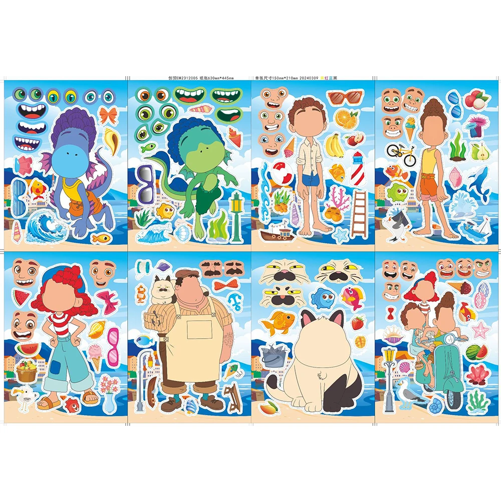 

8/16sheets Cute Disney Anime Luca Puzzle Stickers Make A Face Children Sticker Toy Assemble Jigsaw Funny Decal for Kids Toy Gift