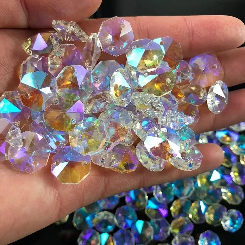 30PCS Aurora Crystal Glass Octagon Bead Prism Garland Strand Chandelier Chain Part Rainbow Suncatcher Curtain DIY Jewelry Making