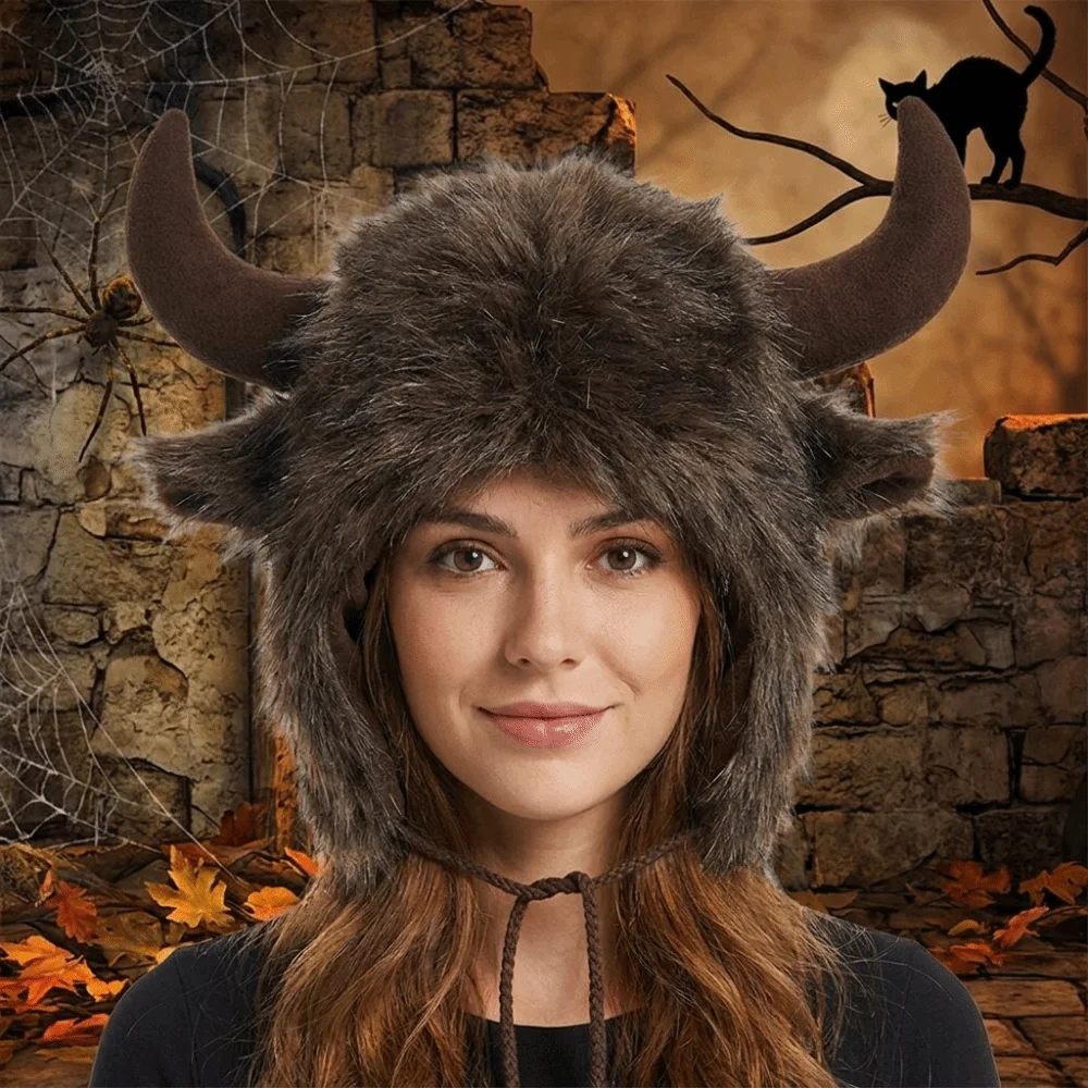 Fashion Solid Color Ox Horn Hat Thickened Fluffy Demon Ear Protection Hat Warm Fur Trim Lei Feng Cap Women