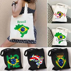 Brazil Map Brazilian Flag Heartbeat Love Heart Country Watercolor Shopper Harajuku Canvas Tote Shoulder Bag Eco Shopping Handbag