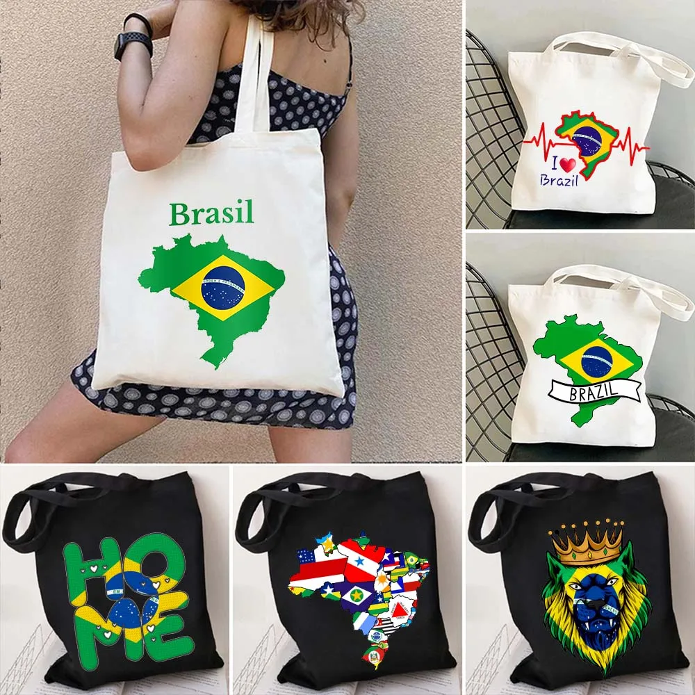 Brazil Map Brazilian Flag Heartbeat Love Heart Country Watercolor Shopper Harajuku Canvas Tote Shoulder Bag Eco Shopping Handbag