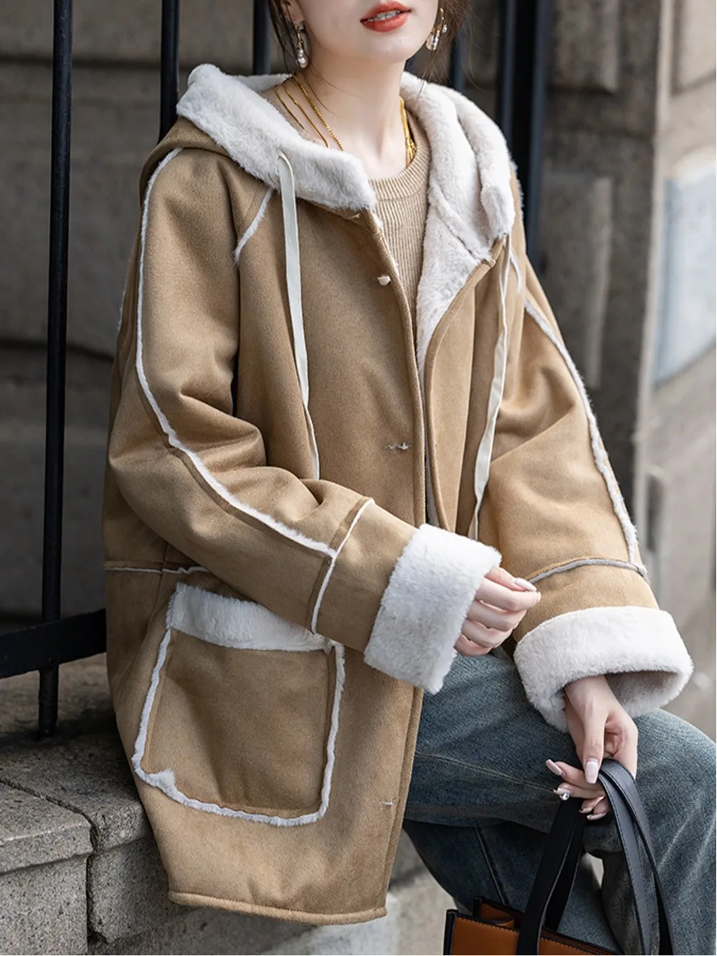 Or Jaet – manteau mi-long à capuche et chaud pour femme, doublure en fourrure d'agneau, coupe ample, coréen, en coton, nouvelle collection automne hiver