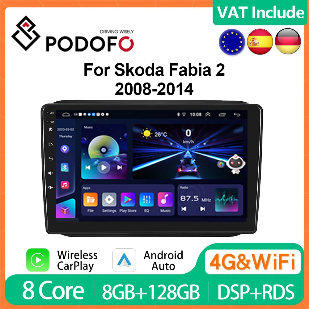 Podofo Android CarPlay For Skoda Fabia 2 2008-2014 10- inch Car Radio Multimedia Player 2din Head Unit HiFi DSP GPS Stereo