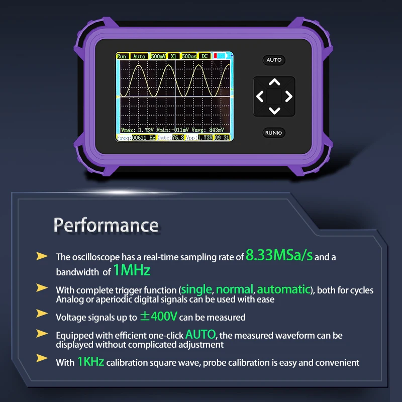 Oscilloscopio digitale portatile, larghezza di banda 1 MHz e campionamento 8,33 MSa/s, trigger automatico ±400 V, accoppiamento CC/CA, spegnimento timer per elettricità