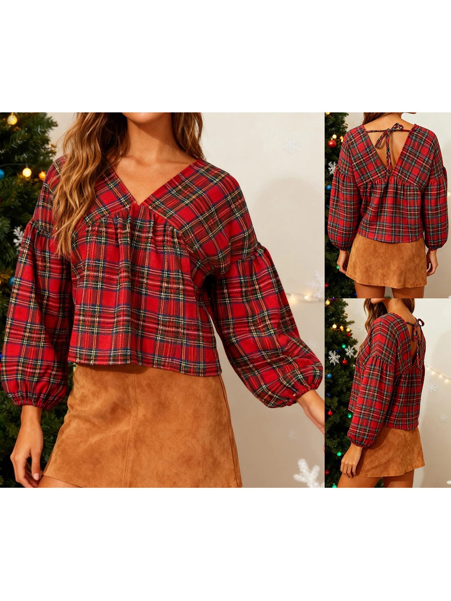 بلوزة نسائية كاجوال منقوشة برقبة على شكل حرف V وأكمام طويلة وتفاصيل ربطة عنق لأزياء الربيع والخريف #2