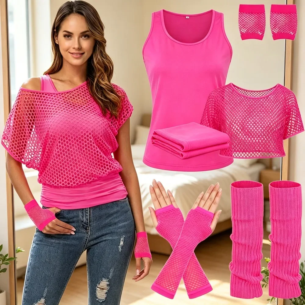 1980s 1980s Retro Mesh Costume Set Fishnet See Through Vest T Shirt Matching Gloves Foot Sleeves Carnival Festival Dance Dress Up - Aliexpress Deal