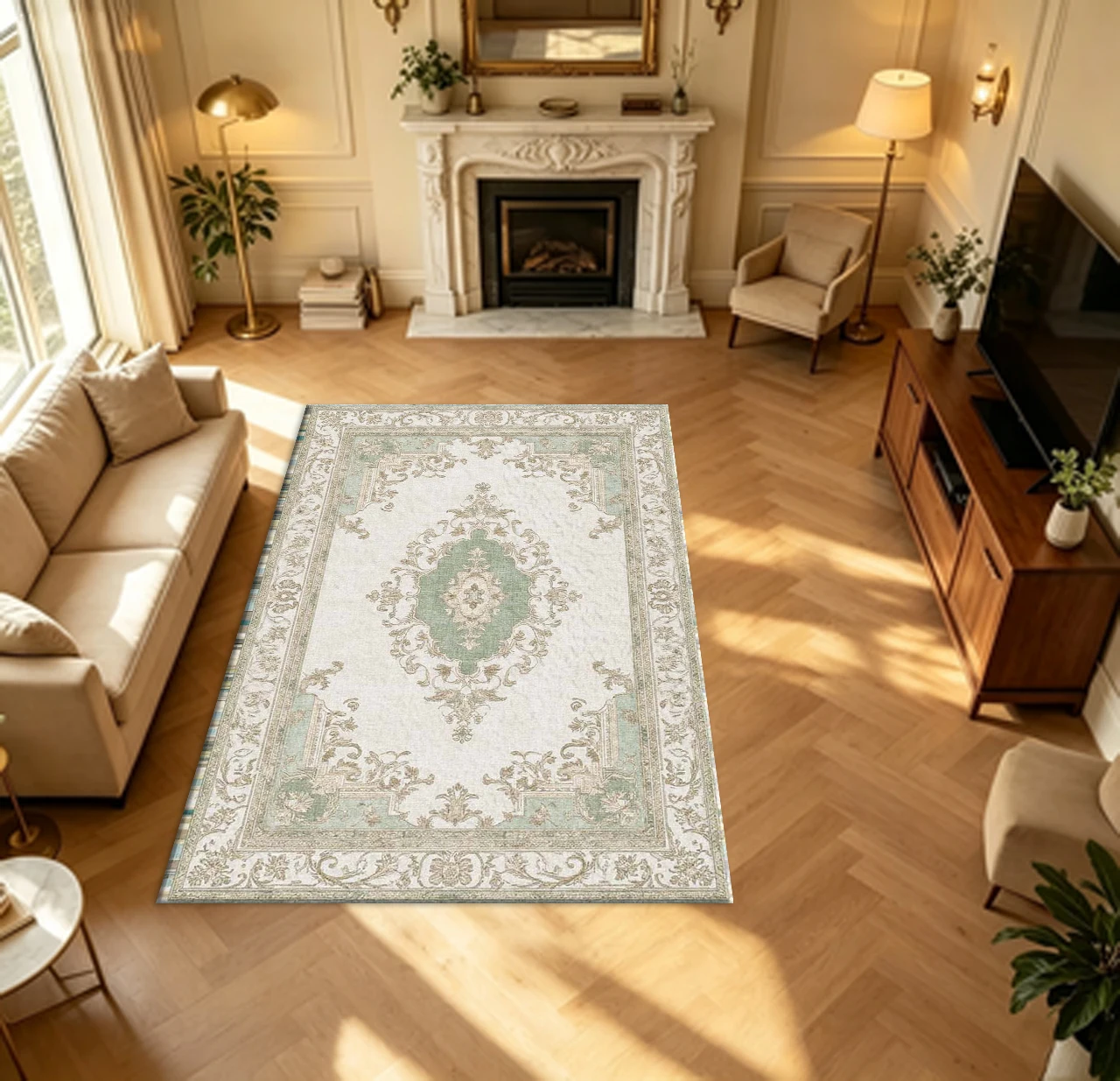 Sage Green Beige Ornate Medallion Carpet Flooring European Vintage Household Indoor Decor Area Rug