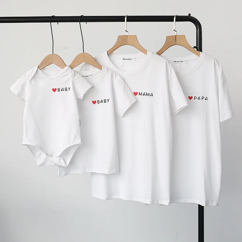 

Family Hearts White T Shirts Father Mother and Daughter Son Matching Cotton Short Sleeve Tees Toddler Baby One Piece Bodysuit