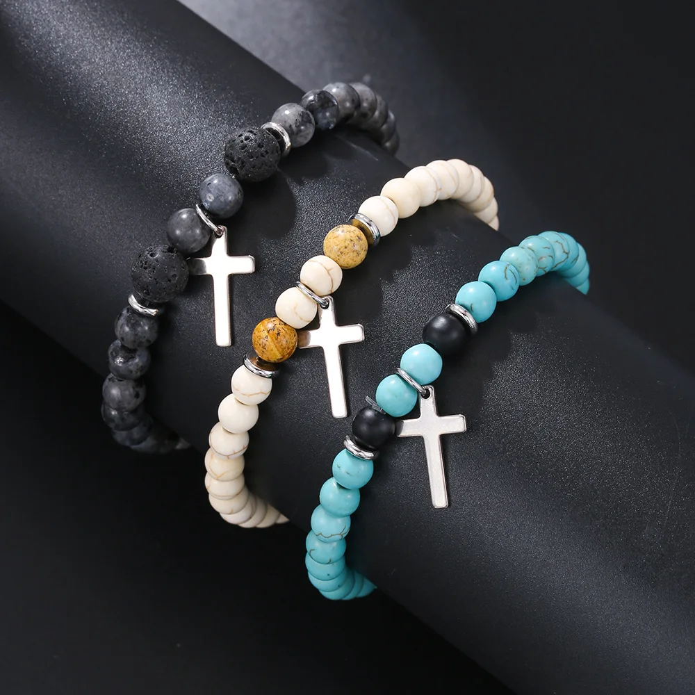 الرجال الأبيض Howlite حجر مطرز الصليب سوار ، اكسسوارات الترفيه ، أسود التأمل حبلا سوار ، جديد