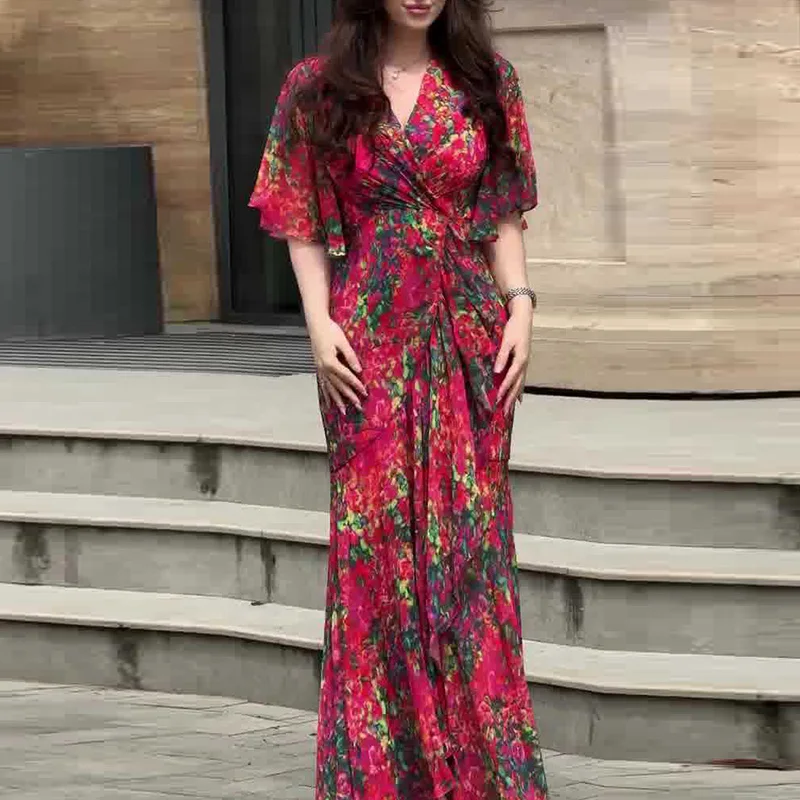 Robe de soirée longue pour femmes, Sexy, col en v, imprimé Floral, Vintage, élégante, bords de feuille de Lotus fragmentée, tempérament, 2025