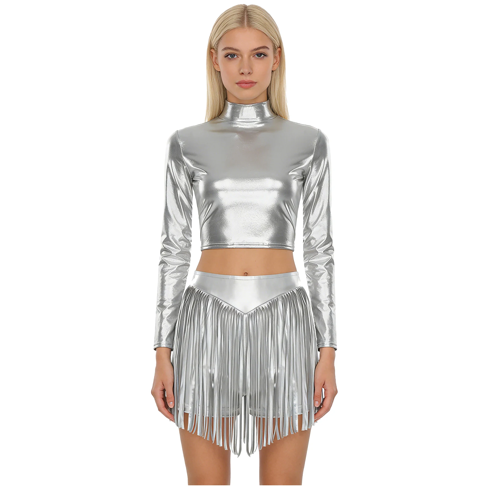 أزياء نسائية لامعة لرقص الجاز اللاتينية السالسا التانغو طقم ملابس حفلات الهذيان ملابس رقص بأكمام طويلة وتنانير قصيرة مهدب