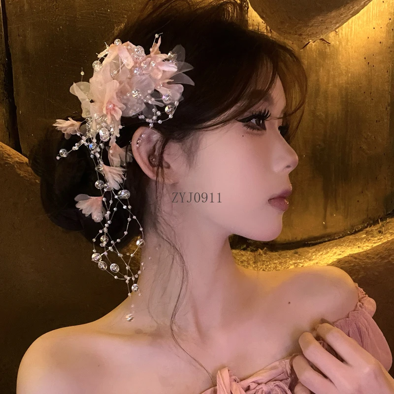 Mori super fada doce flor foto grampo de cabelo antigo hanfu franjas acessórios de cabelo mulher