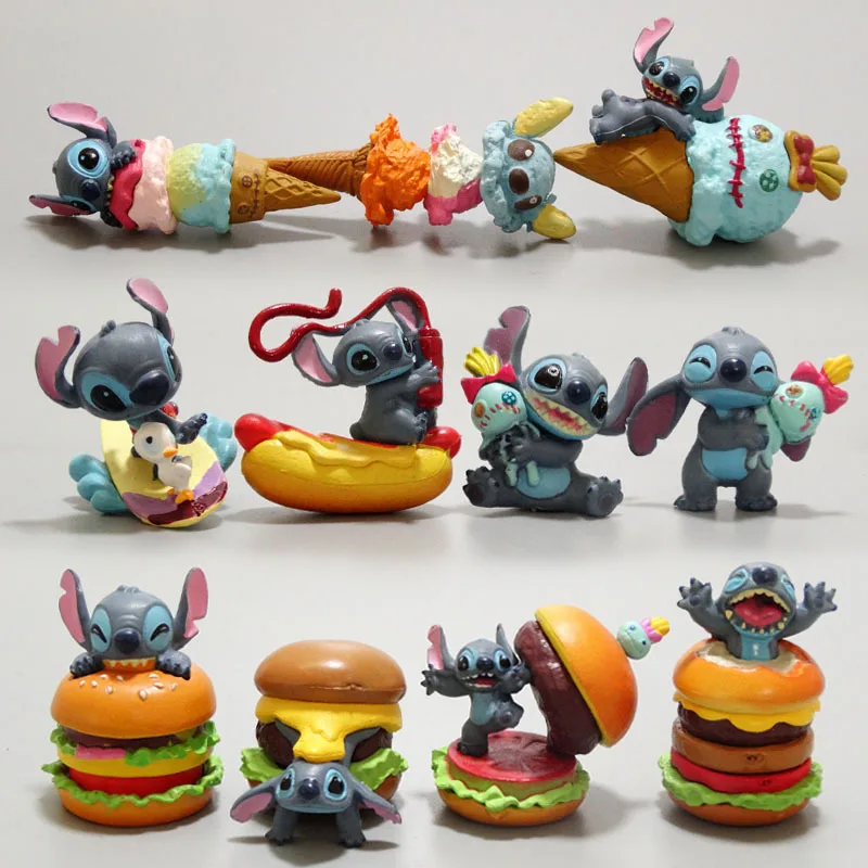 

Disney Mini Stitch Lilo & Stitch Action Figures Model Ornaments Dolls Micro Landscape Hamburger Hot Dog Car Decorations Gift