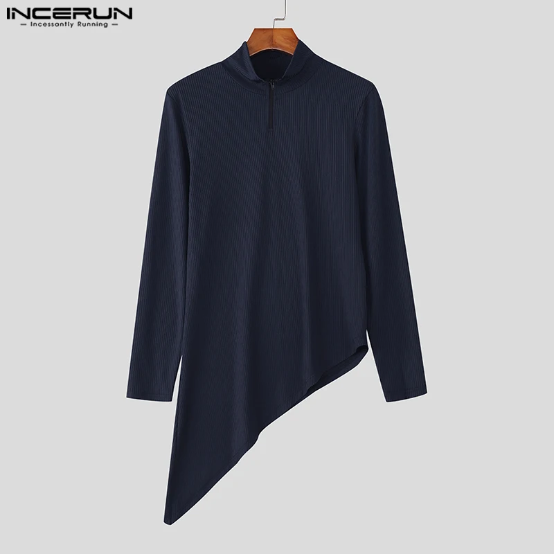 

INCERUN Men Irregular T Shirt Solid Zipper Streetwear Long Style Tee Tops Men Knitted Turtleneck Fashion Casual Men Clothing
