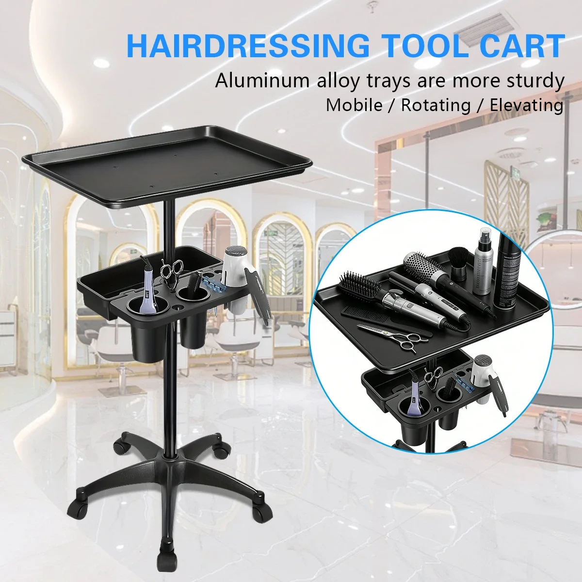 Professional Mobile Barber Cart, 2-Tier Storage Tray Adjustable Height Rolling Salon Trolley for Clippers Scissors