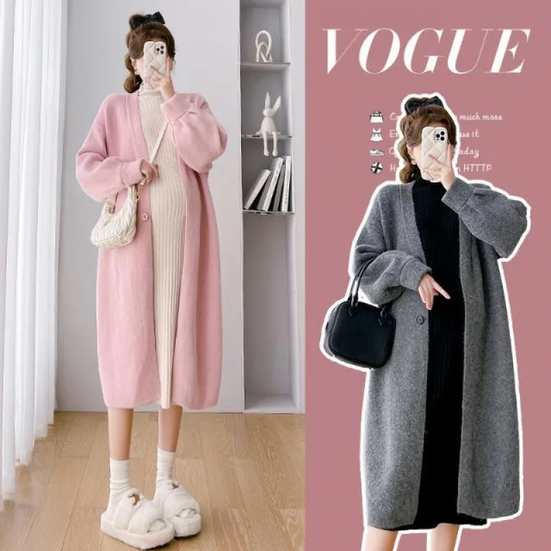Maternity Clothes Winter New Temperament Cardigan Long Thickened Sweater Jacket Base Dress Two-piece Set