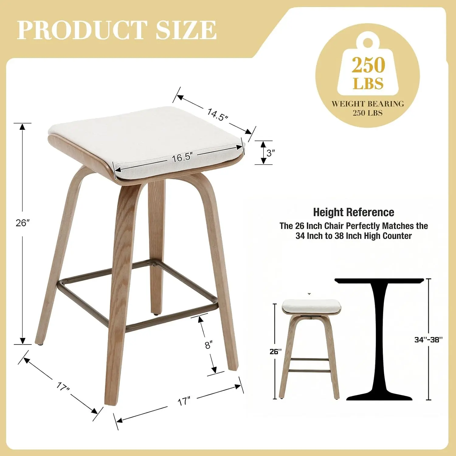 Swivel Bar Stools Set of 2 for Island Kitchen, 26 Inch Modern Backless Wood Counter Height Bar Stools Linen Upholstered 360 Swiv view 2